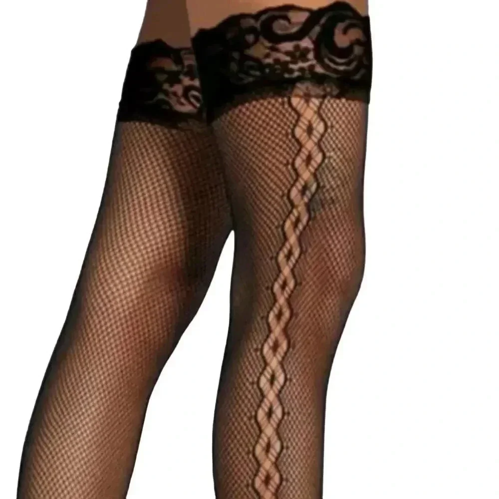 Plus Size Black Thigh High Side Detail Stocking-